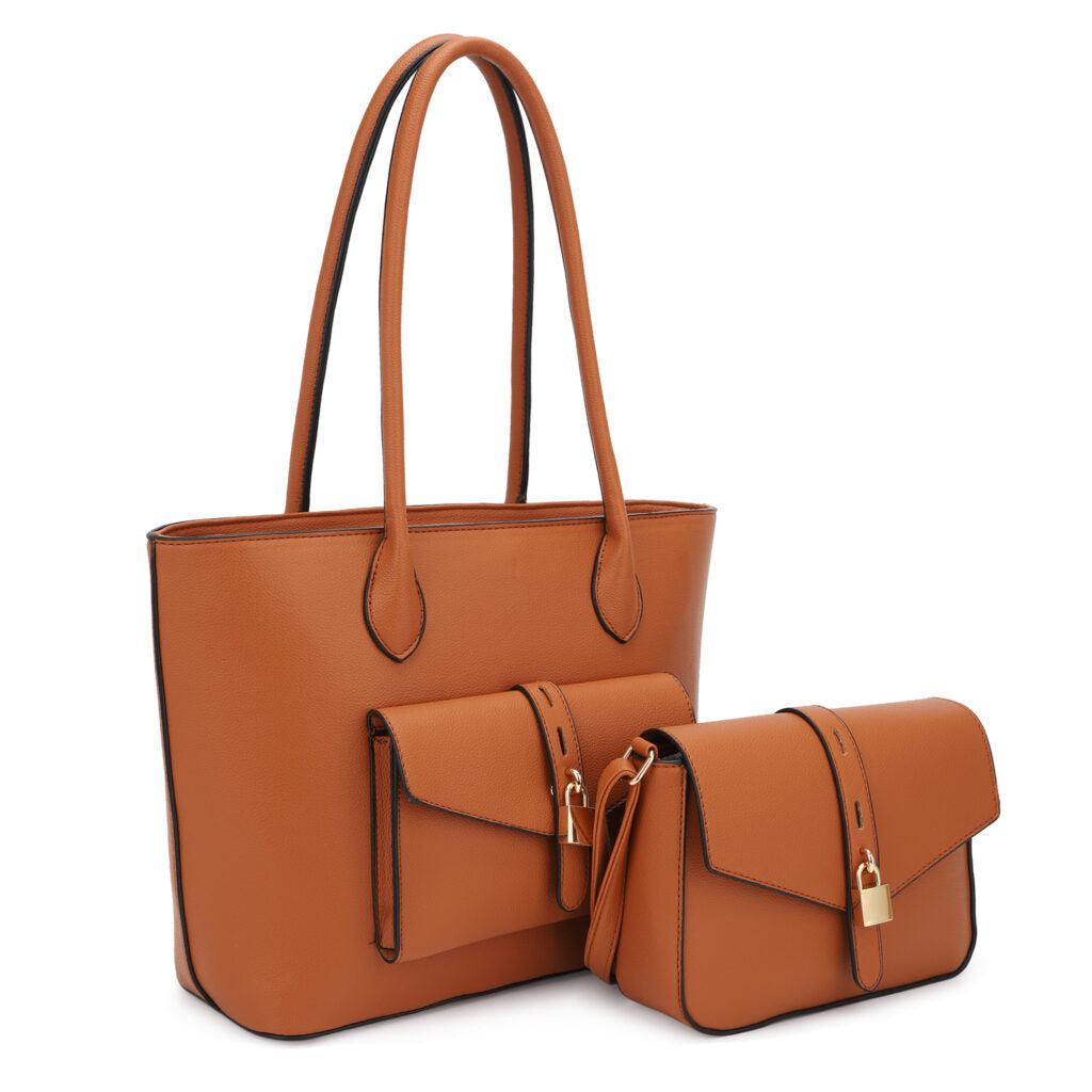 2-Piece Cognac Tote with Crossbody Bag