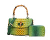 Green/Yellow Textured Bag with Wallet and Bamboo handle