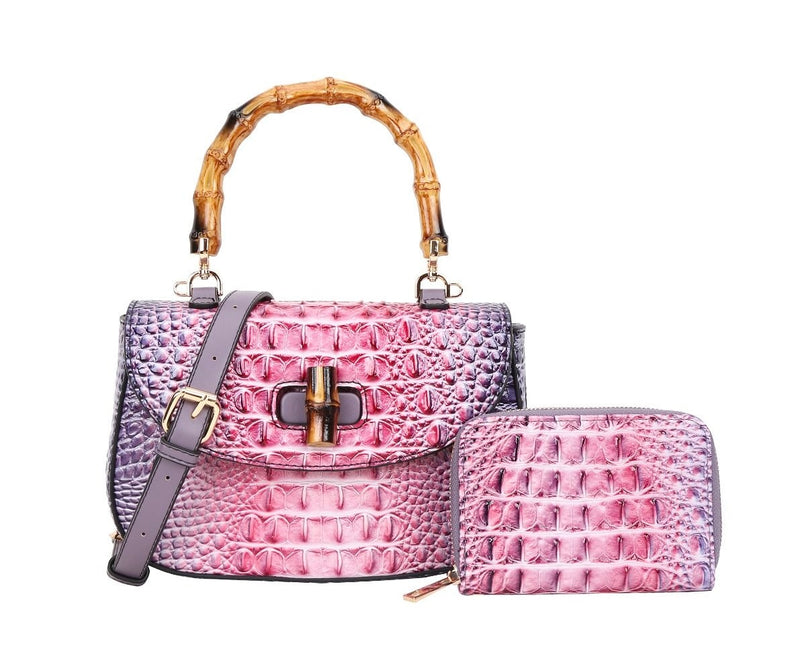 Pink/Purple textured bag with bamboo handle and wallet