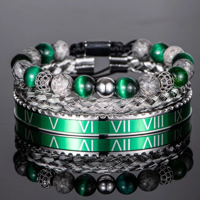 Roman Numeral Rope Bangle Emerald Green Set for Men
